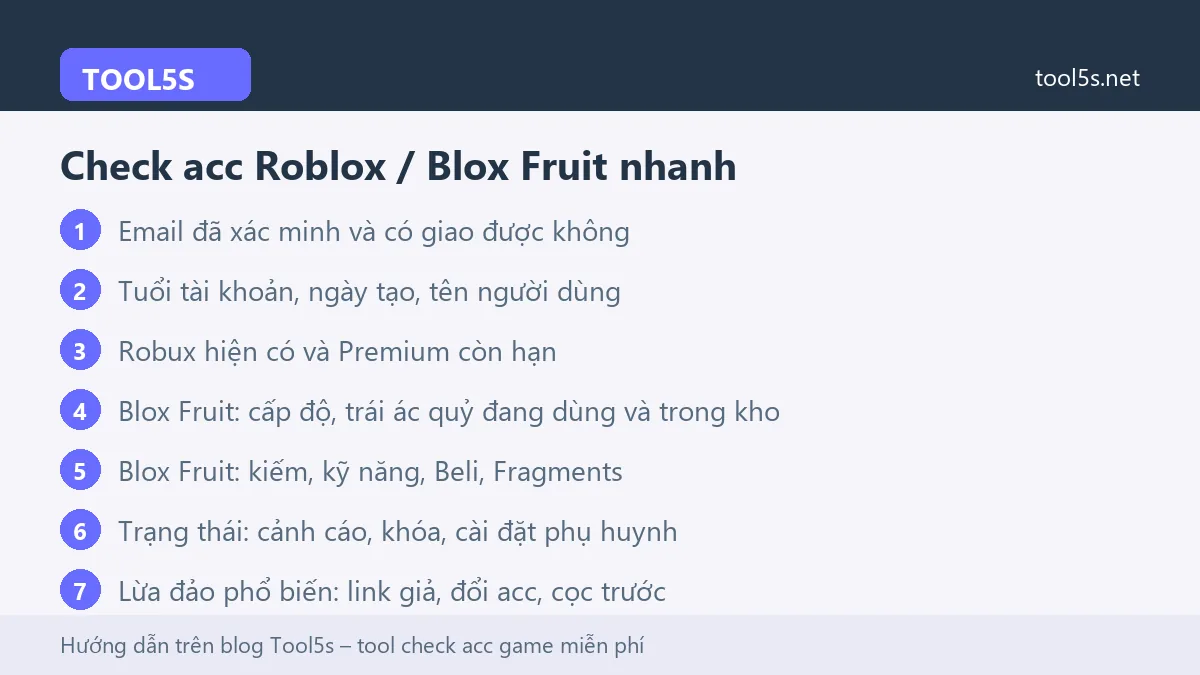 Tóm tắt các mục cần check với acc Roblox và Blox Fruit