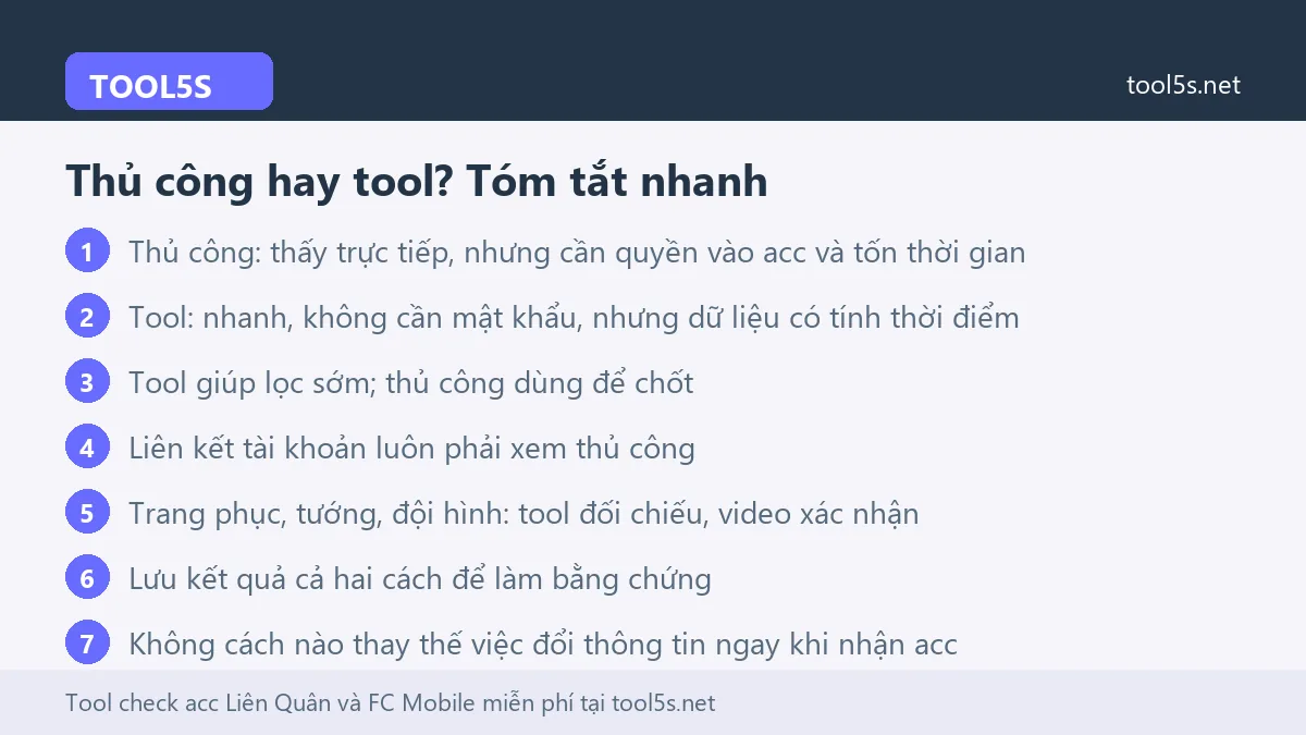 Tóm tắt so sánh check acc thủ công và dùng tool